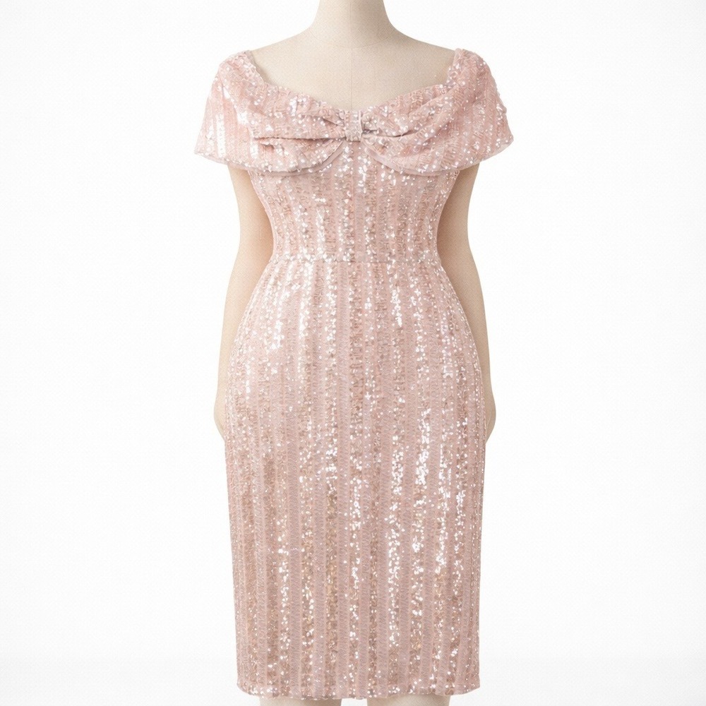 Sequin Coquette Off Shoulder Bow Midi Dress Size L‎ Pink Romantic Cocktail Event